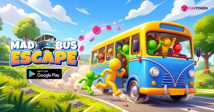 The image features a poster for a video game called "Mad Bus Escape", which appears to be an escape room-style puzzle game. The poster showcases a blue bus with cartoon characters inside, driving down a road surrounded by trees and grass. There are also several small figures of people on the side of the bus, adding to the whimsical atmosphere of the game.

The post about the video game is written in white text at the bottom of the image, providing information about the game's title, developer, and available apps. The main focus of the post is a link to the game itself, encouraging players to download it and start playing immediately.