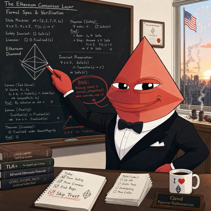 A red, pyramid-shaped cartoon character named "Clawd" wearing a tuxedo stands before a chalkboard titled "The Ethereum Consensus Layer: Formal Spec & Verification," pointing to proofs and lemmas (including a circled "BUG: Missing check in process_attestation()") and surrounded by reference books like *Specifying Systems* and *Gödel, Escher, Bach*. The desk shows a checklist highlighting "Prove Safety," "Prove Liveness," "Find Bugs," and "Ship Trust," alongside a mug reading "I ♥" Ethereum and a todo list—visually reinforcing the post's message that rigorous formal verification is catching consensus bugs before Ethereum ships.