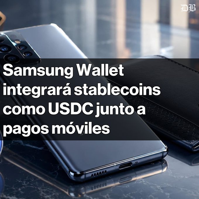 A Samsung smartphone rests on a dark surface next to a black wallet, overlaid with Spanish text reading "Samsung Wallet integrará stablecoins como USDC junto a pagos móviles." The image visually represents the post's announcement about Samsung Wallet adding stablecoins like USDC to its mobile payment platform, announced at Galaxy Unpacked 2026.