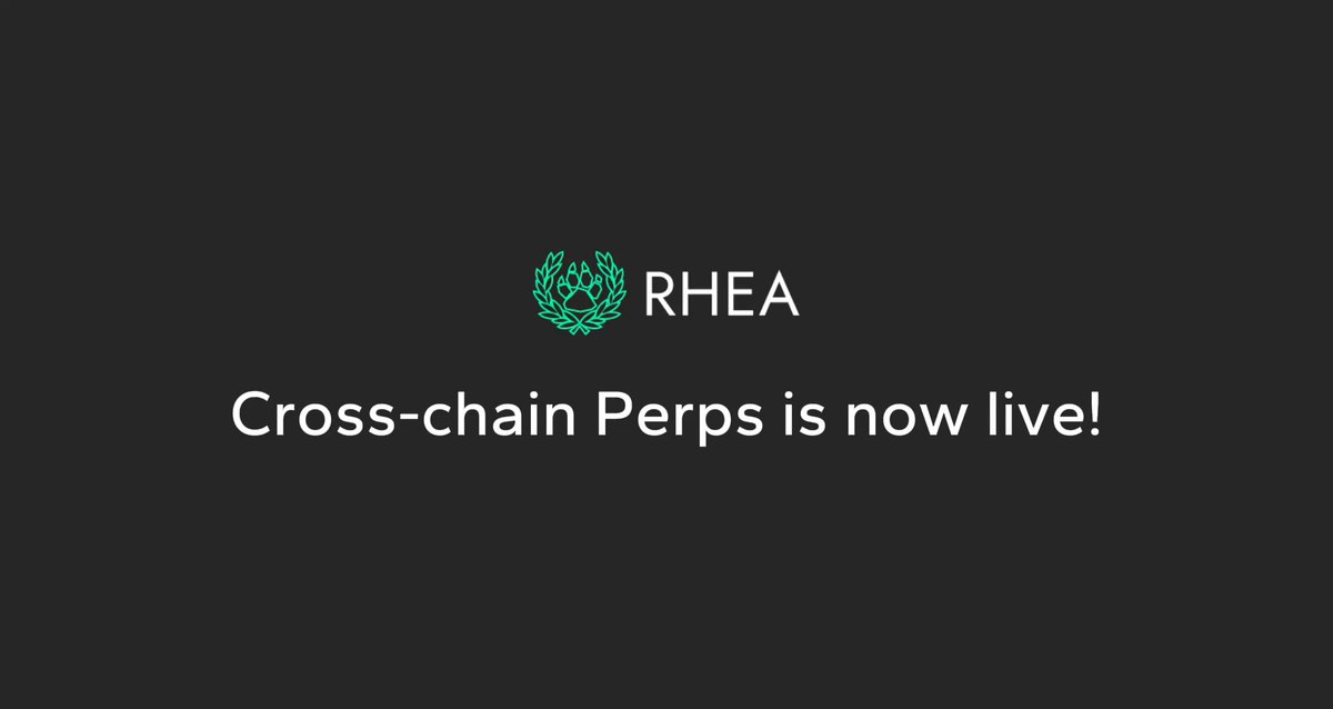 The image features a black background with white text that reads "Rhea Cross-chain Perps is now live!". The text is centered, making it easy to read and understand. The image also includes an illustration of a green cross surrounded by a ring of blue lines, which adds visual interest and reinforces the main message of the post.