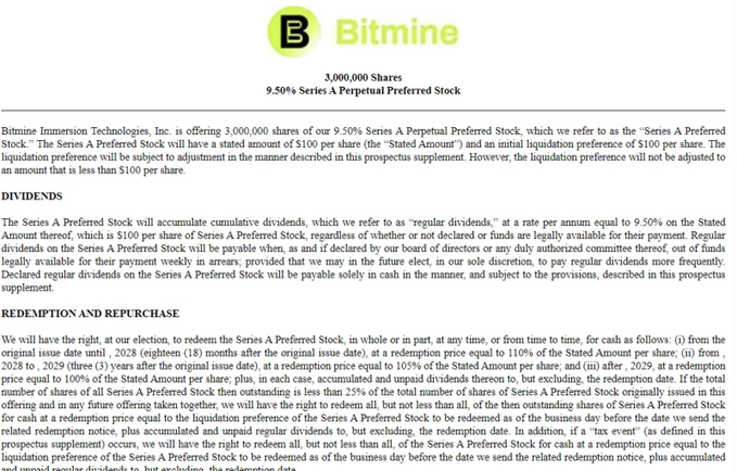 The image features a white document laying flat on a table with its content all in black text. It appears to be an advertisement, specifically for a Bitmine company called Bitmine Technologies Inc., that is offering shares of their preferred stock for sale. The share price of these shares is being stated as $50 per share. The document also mentions a potential dividend of $9.5 per share and that the preferred stock is available for purchase at least eight times, which translates to a minimum buy order amount of $150. The document's layout and color scheme provide essential information about Bitmine Technologies Inc. and its shares without much additional detail.