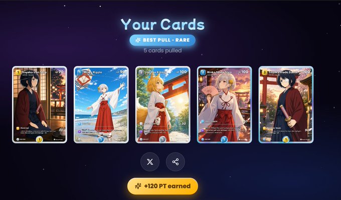 A mobile game screen displays "Your Cards" with a "BEST PULL - RARE" banner, showing 5 anime-style character cards pulled, including a "Strategic Retreat" card, and a notification indicating "+120 PT earned" at the bottom.