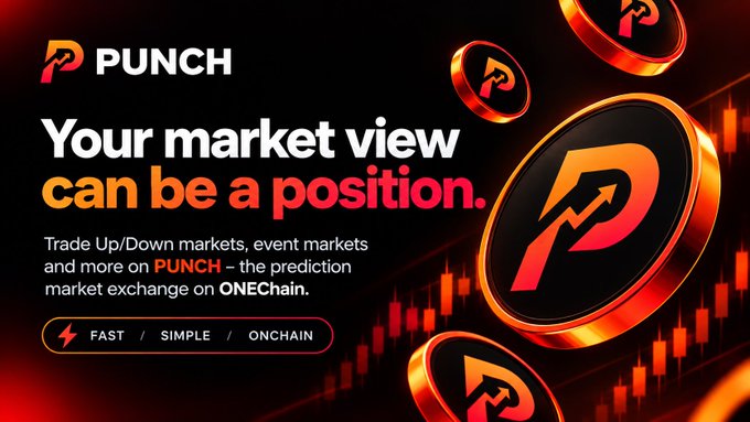 A promotional banner for "PUNCH" — the prediction market exchange on ONEChain — featuring the tagline "Your market view can be a position," along with the descriptors "FAST / SIMPLE / ONCHAIN," set against a black and orange background with stylized P-logo coins and candlestick charts, visually reinforcing the post's idea of easily converting market opinions into trading positions.