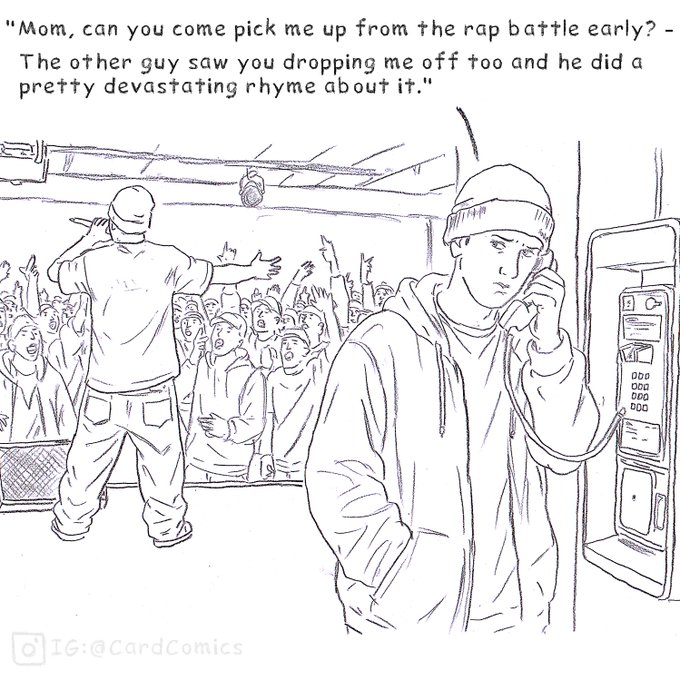 A black and white CardComics illustration showing a young man at a payphone calling his mom during a rap battle, asking her to pick him up early because the opponent used a devastating rhyme about her dropping him off.