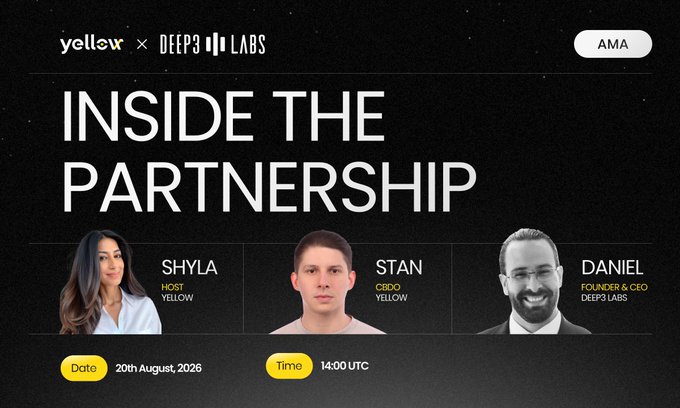 The image is a promotional graphic for an AMA titled "Inside the Partnership" between YellOw and Deep3 Labs, featuring host Shyla (YellOw), Stan (CBDO, YellOw), and Daniel (Founder & CEO, Deep3 Labs), scheduled for 20th August 2026 at 14:00 UTC. The graphic ties directly to the post's announcement of a discussion with Deep3 Labs CEO Daniel about AI-driven trade signals and agentic trading.