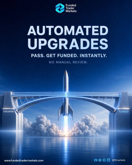 A promotional graphic for Funded Trader Markets (FTM) announces "Automated Upgrades" with the tagline "Pass. Get Funded. Instantly. No Manual Review," featuring a rocket launching through an archway labeled "Evaluation" on one side and "Funded" on the other, visually symbolizing the streamlined, automatic progression between funding phases highlighted in the post.