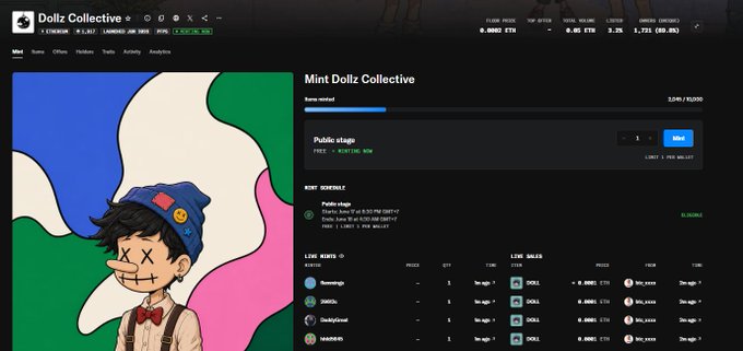 The image shows a close-up view of the cover page of a website, which belongs to the Minted Collective. In the center of the image, there's an illustration of a boy wearing a hat that resembles "Dolly Dolly", giving him a unique appearance. The website is named after the minted collective and offers various items for sale or distribution, including digital coins called NFTs (Non-Fungible Tokens) on their platform.