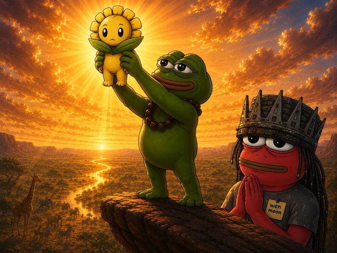 A green Pepe frog triumphantly holds up a sunflower-dressed figure against a golden African savanna sunset, while a red Pepe wearing a crown and a "wen moon" tag stands beside them in prayer. The meme visually embodies the post's "Proof of Grass" message—using Pepe characters touching grass and worshipping the sun as a satirical call to log off crypto Twitter and reconnect with nature.