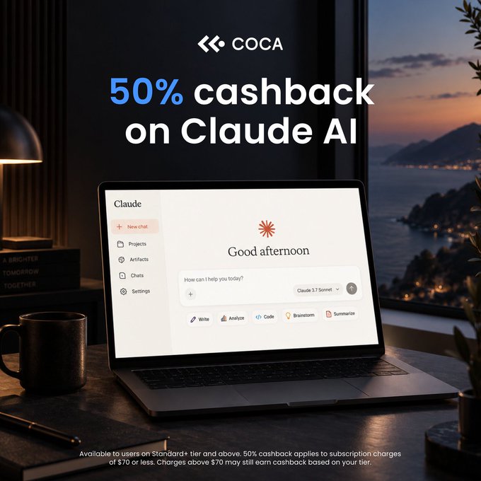 COCA advertisement offering 50% cashback on Claude AI subscriptions, available to users on Standard+ tier and above, with a laptop displaying the Claude interface.