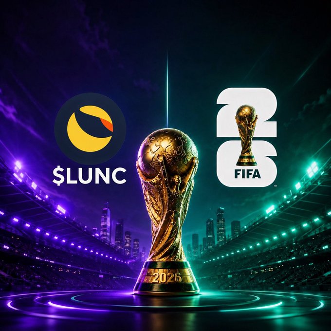 The image features a large golden trophy, likely representing the FIFA World Cup, placed on a stage with a city skyline backdrop. The text "$LUNC" can be seen next to the trophy, indicating that it's ready for the event. The caption also mentions that the event is scheduled for "2026".