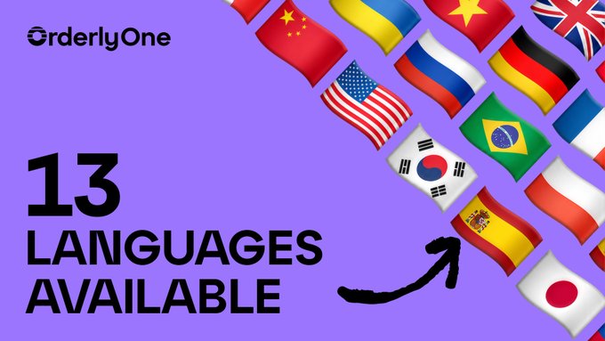 Promotional graphic for Orderly One highlighting "13 LANGUAGES AVAILABLE" alongside various national flags (including China, USA, Russia, Germany, South Korea, Brazil, Spain, Japan, and others), visually supporting the announcement that builders can develop perpetual DEXes in 13 different languages.