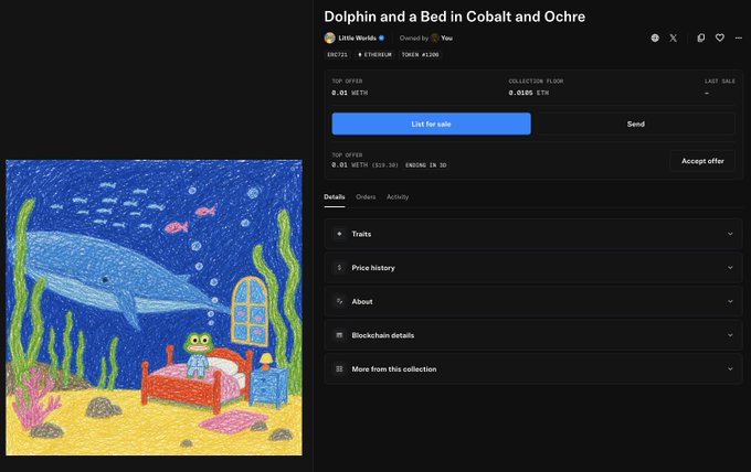 An OpenSea NFT listing page for 'Dolphin and a Bed in Cobalt and Ochre' by Little Worlds, showing a childlike drawing of a green figure on a red bed with a blue dolphin and fish in the background, priced at 0.01 WETH.