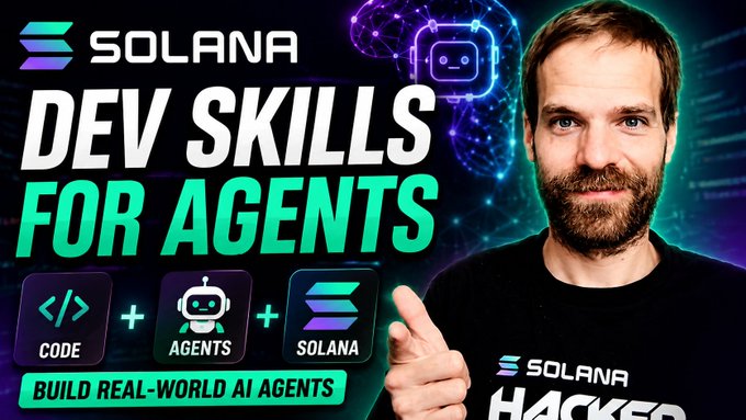 The image features a man with a beard, wearing a black t-shirt, who appears to be giving instructions or advice about Solana development skills for agents. The text "I've been using AI for Solana development a lot recently" suggests that he has experience in utilizing artificial intelligence tools and techniques for Solana projects.

The image also includes three buttons: one labeled "Build-Real-World Agents", another with the word "Agents", and the third button with the text "Code agents". These buttons might be used to guide users through the process of building real-world agents that can interact with Solana's blockchain network.