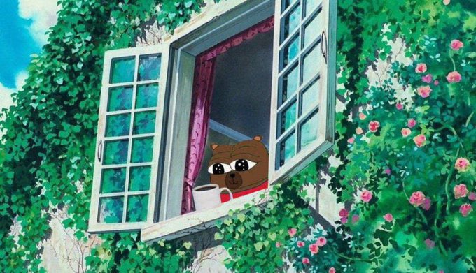 A cute brown bear with big eyes and a red scarf peeks out of an open window, sipping from a white teacup. Surrounded by lush green ivy and pink roses, the scene has a whimsical, fairytale-like quality that evokes the charm and coziness often associated with the "Orange Coin" meme aesthetic.