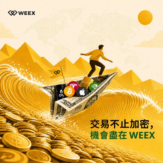 A WEEX cryptocurrency exchange ad showing a person surfing a boat filled with crypto logos (Bitcoin, Apple, Oil, etc.) over waves of gold coins, with Chinese text '交易不止加密，機會盡在 WEEX'.