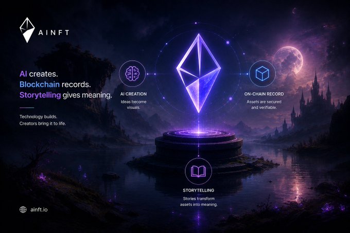 A fantasy-themed promotional banner for 'AINFT' with the tagline 'AI creates. Blockchain records. Storytelling gives meaning,' featuring a glowing Ethereum logo hovering over a mystical lake.
