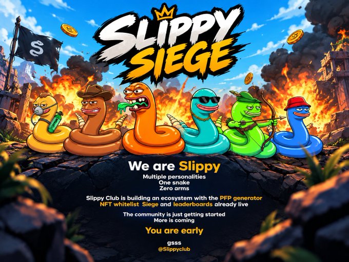 Promotional graphic for "SLIPPY SIEGE" featuring colorful cartoon snakes with text including "We are Slippy," "Multiple personalities," "One snake," "Zero arms," and "You are early," along with social handles "gsss" and "@Slippyclub."