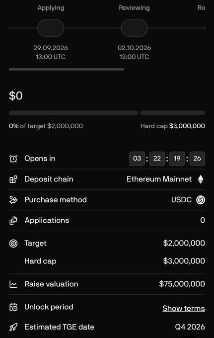 A token offering interface showing applying and reviewing phases dated 29.09.2026 and 02.10.2026, with $0 raised of a $2,000,000 target and $3,000,000 hard cap on Ethereum Mainnet via USDC.
