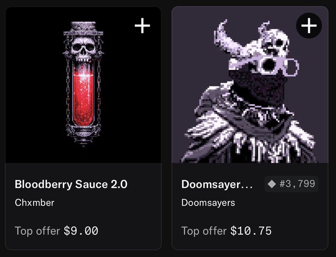 NFT marketplace listing displaying 'Bloodberry Sauce 2.0' by Chxmber (top offer $9.00) and 'Doomsayer...' #3,799 from the Doomsayers collection (top offer $10.75).
