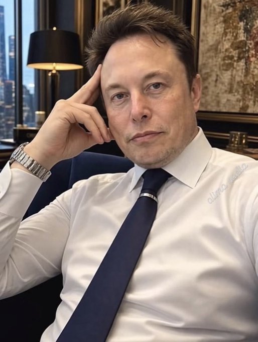 A confident Elon Musk poses with his hand on his temple, looking directly at the camera. The image directly relates to the post as it features Elon Musk himself, prompting users to respond to his playful question.
