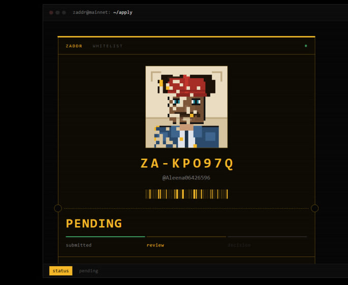 A ZADAR Whitelist application page showing a pixel art avatar of Mario, with the code 'ZA-KP097Q', username '@Aleena06426596', and a pending status.