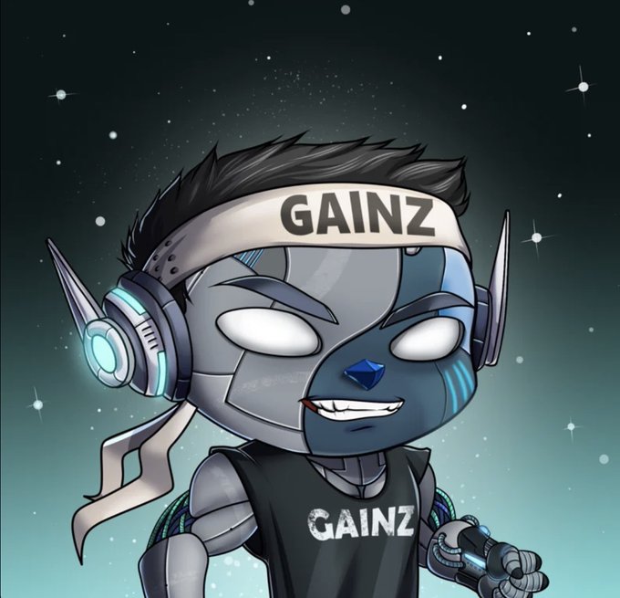 A digital illustration of a metallic robot character wearing a headband and tank top, both displaying the word 'GAINZ' in bold lettering.