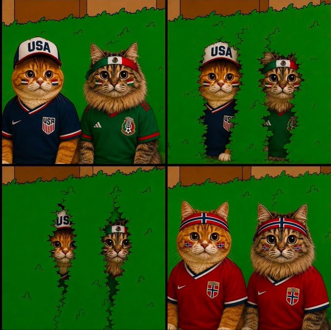 A four-panel AI-generated meme showing cats in soccer jerseys: two orange tabbies in USA and Mexico kits (top left) get 'eaten' by hedge graphics (top right and bottom left), and the bottom right shows two cats in Norway kits emerging.