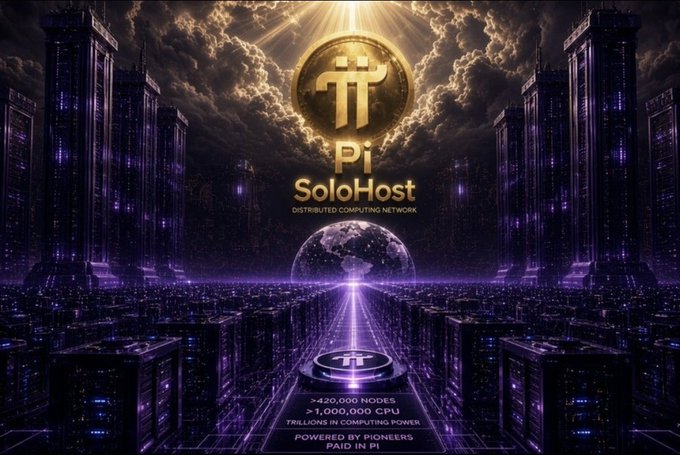 A dramatic digital artwork showcasing the "Pi SoloHost" logo—featuring the Pi cryptocurrency symbol—suspended above a futuristic cityscape of glowing data towers, with text highlighting "Distributed Computing Network" and impressive specs including ">420,000 NODES," ">1,000,000 CPU," and "TRILLIONS IN COMPUTING POWER." The image visually reinforces the post's description of a massive distributed infrastructure, with the towering server architecture and central Earth symbol emphasizing the global scale and computational power of the network powering Pi's ecosystem.