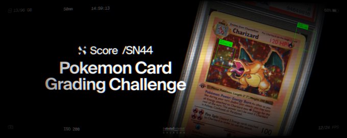 The image is a promotional graphic for Score (SN44) featuring a holographic Charizard Pokémon card alongside the headline "Pokemon Card Grading Challenge," announcing the platform's upcoming launch of TCG card grading that uses AI miners to evaluate surface, corners, edges, centering, and overall grade against professional ACE reference standards.