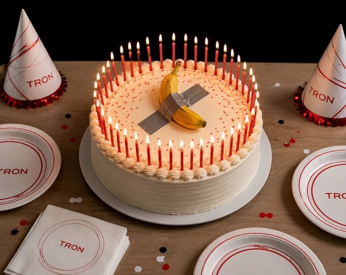 A birthday cake for Justin Sun ( @justinsuntron ) is decorated with candles and a banana taped to it, with "TRON" visible on party hats and plates. This image directly relates to the post's birthday wish, tying in the TRON branding.