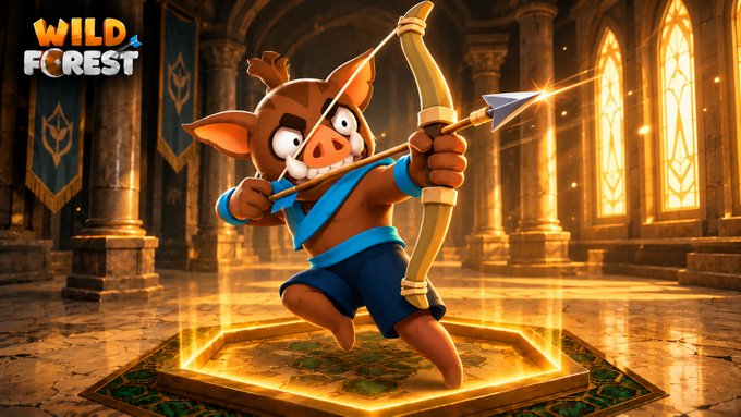 Promotional art for the game 'Wild Forest' featuring a cartoonish deer-like archer character aiming a glowing arrow in a grand hall with stained glass windows.