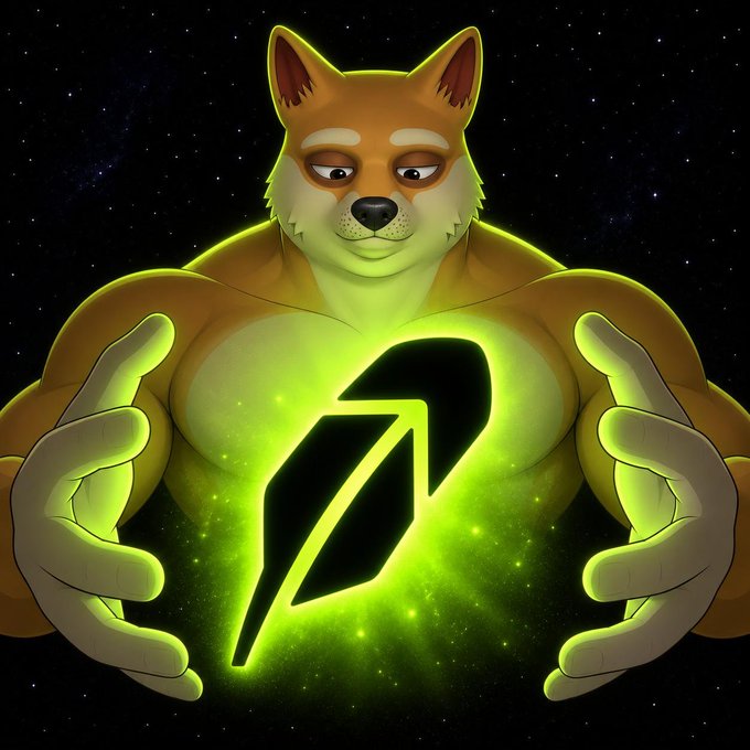 A muscular anthropomorphic Shiba Inu character stands against a starry cosmic background, holding out a glowing green Rocket R token between its hands.