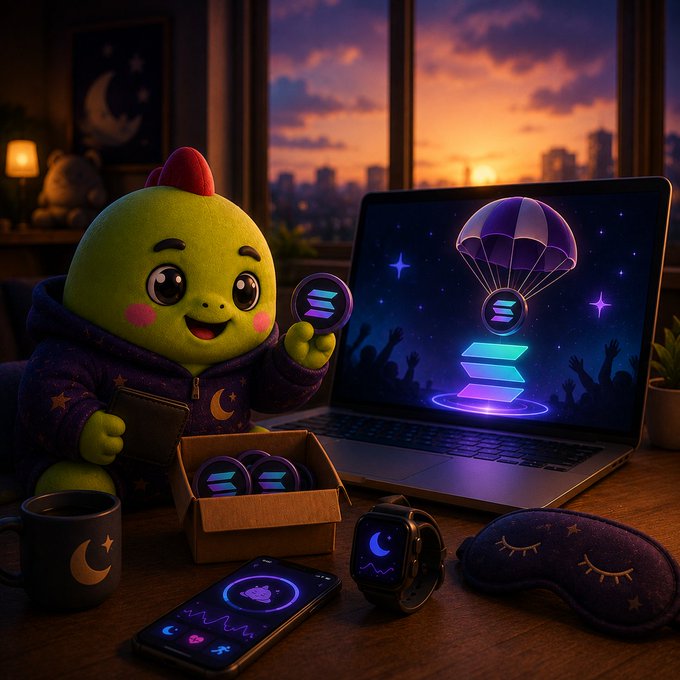 The image features a green stuffed animal sitting at a desk with various objects such as a laptop, cell phone, watch, and other items like cups and a pillow. The scene takes place during sunset or twilight hours, creating a serene atmosphere. The stuffed animal appears to be holding up a sign that says "SOL", which could possibly be related to the gaming world. The image also includes a caption about token launches and how they are rewarding players for their participation in the game.