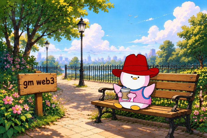 A colorful illustration of a cartoon penguin in a red cowboy hat sitting on a park bench holding a coffee cup, with a sign reading 'gm web3'.