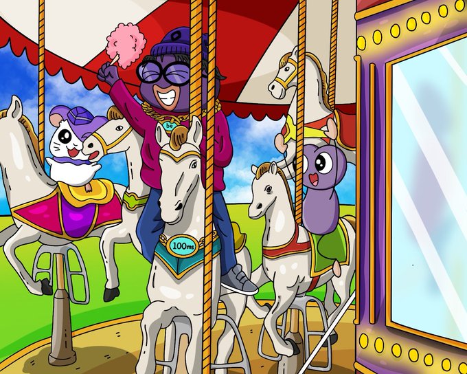 A cartoon-style character wearing sunglasses, a purple beanie, and gold chains rides a merry-go-round alongside a mouse and a pony, holding pink cotton candy. The image playfully mirrors the celebratory mood of "gmonad" reaching $500M TVL, with the character confidently "riding" the success while displaying a "100m" badge, suggesting $MON holders are enjoying the milestone moment.