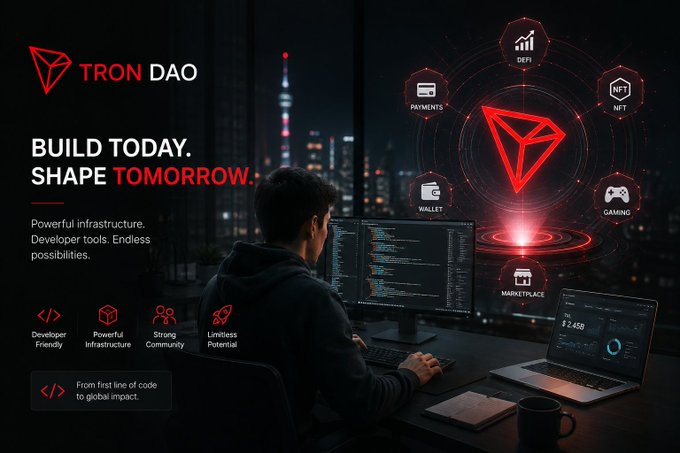 A promotional banner for TRON DAO featuring a developer at a computer workstation with the text 'BUILD TODAY. SHAPE TOMORROW.', highlighting features like DeFi, NFT, Payments, Wallet, Gaming, and Marketplace.