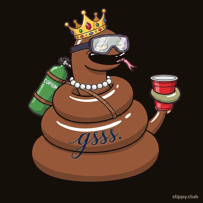 A cartoon illustration of a smiling poop emoji wearing a crown, goggles, and pearl necklace, holding a red cup and a green tank labeled 'COPIUM', with 'gsss.' written below.