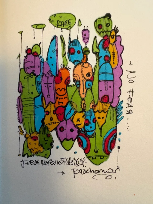 A colorful, doodle-style illustration features abstract cartoon characters and creatures, with text reading 'NO FEAR...' and 'psidharma' along with other partially legible markings.