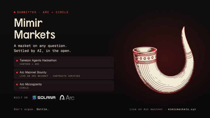 A promotional graphic for "Mimir Markets," described as 'A market on any question. Settled by AI, in the open,' featuring a stylized horn illustration and listings for 'Tameion Agents Hackathon,' 'Arc Mainnet Bounty,' and 'Arc Microgrants,' with 'Built on Solana' and Arc logos and the URL 'mimirmarkets.xyz'.