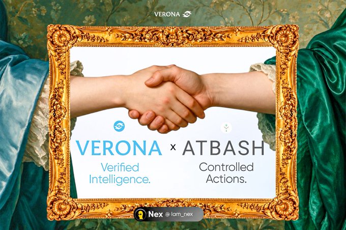 A promotional graphic styled like a classical painting, showing a handshake inside a gold frame that announces a partnership between 'VERONA' and 'ATBASH', labeled 'Verified Intelligence.' and 'Controlled Actions.'