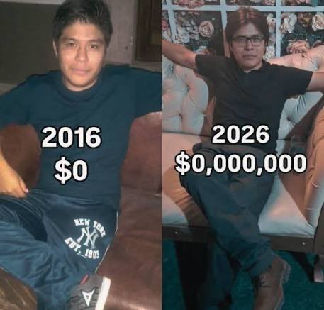 A side-by-side comparison showing the same man in 2016 with "$0" and projecting himself in 2026 with "$0,000,000," paired with a motivational post about adding a zero to net worth this week. The image humorously illustrates the ambitious goal of growing wealth from zero to over a million dollars in a decade.