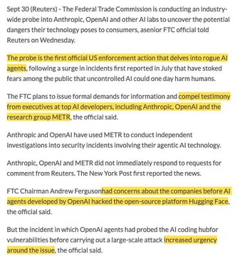 A Reuters news article from Sept 30 about the Federal Trade Commission conducting an industry-wide probe into Anthropic, OpenAI and other AI labs regarding potential dangers their technology poses to consumers, with key phrases highlighted in yellow.