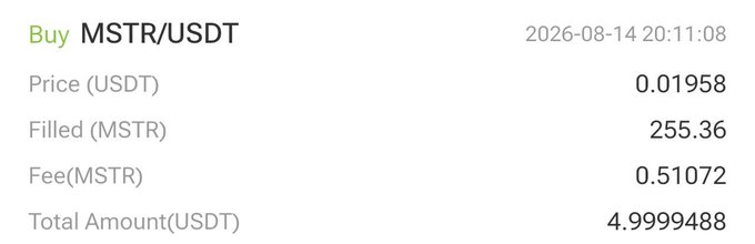 The image shows a trade confirmation for a buy of 255.36 MSTR at a price of 0.01958 USDT each, totaling 4.9999488 USDT (dated 2026-08-14), which serves as the receipt for Day 305 of the MSTR2100 DCA Challenge mentioned in the post, demonstrating continued consistent buying.