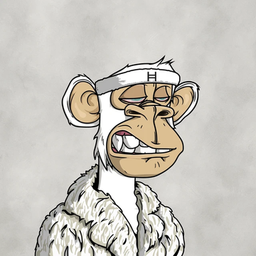 Digital illustration of a Bored Ape-style monkey wearing a white headband with the letter 'H', smiling against a textured gray background.