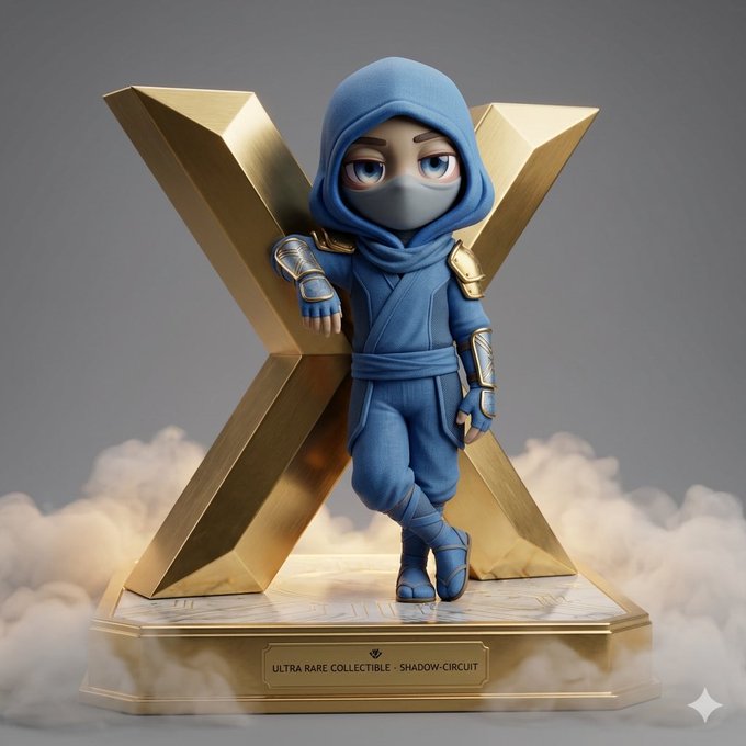 A 3D-rendered chibi-style ninja figurine in blue attire and a face mask, leaning against a large golden 'X' statue on a base labeled 'ULTRA RARE COLLECTIBLE - SHADOW-CIRCUIT'.