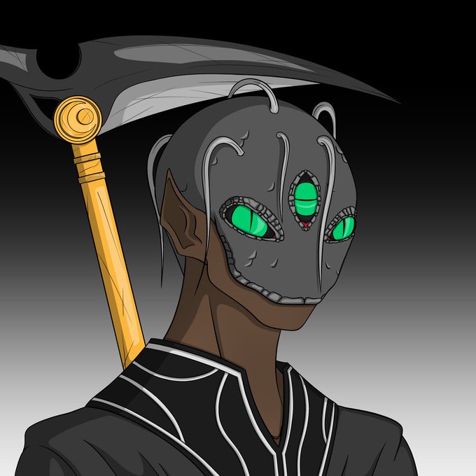 The image features a man with green eyes wearing a mask, holding a sword, and standing against a black background. The caption of the image reads "Check out our new raffle for a @DarkCoinASA Champion! We have also been added to their new discord bot where you can search for $GOLD or #AlgoNFTs. Wizards and full set Pixel Wizards qualify for weekly $WIZ drops. Good luck!". The man's mask is black with green eyes, giving him an eerie appearance that matches the dark background of the image.