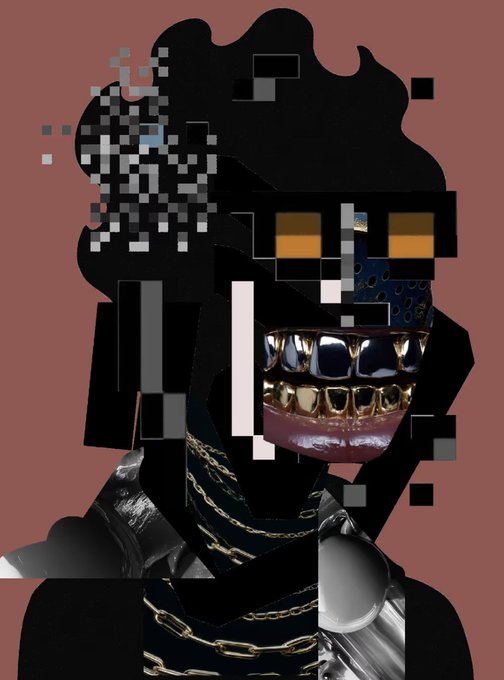 The image features a person wearing a costume that includes a mask, chains, and gold jewelry. The person's face is blurred out, making them appear as if they are just sold for their costume. The costume appears to be a mix of black and silver colors with gold accents. The image also contains text that reads "THI BADBOY JUST SOLD FOR 0.12ETH RANK 1539 @R3ORDR #3582 Congraz to the seller and the new holder @acidwoo". This suggests that the person in the image is a collector or someone who has recently acquired the costume, possibly for an event or as part of a themed collection.