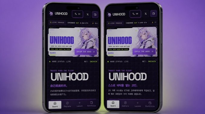 Two smartphones display the UNIHOOD platform interface side by side, with the left phone showing the "Trades Fund the Floor" page in Chinese (自己赋能的你) and the right phone showing the same page translated into Korean (스스로를 "덮는" 코인), demonstrating the platform's new multilingual support in Chinese and Korean.