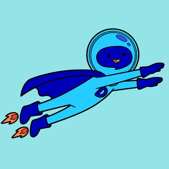 A cartoon illustration of a blue-suited astronaut superhero with a cape flying through the air with rocket boosters on their boots, set against a light blue background.