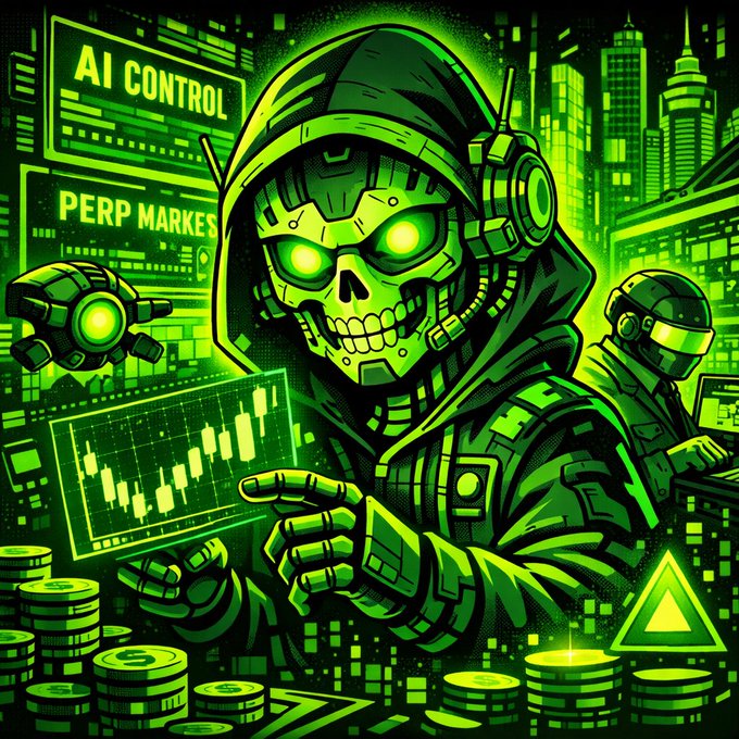 Neon green digital illustration of a hooded skeletal figure holding a candlestick chart, with text 'AI CONTROL' and 'PERP MARKETS' and stacks of coins.